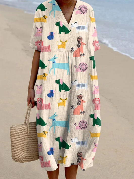 Cardydony Women's Retro Cute Color Dog Art Linen Dress