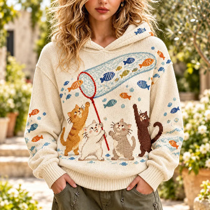Cardydony Women's Cute Cats Catching Fish Print Hooded Knit Sweater