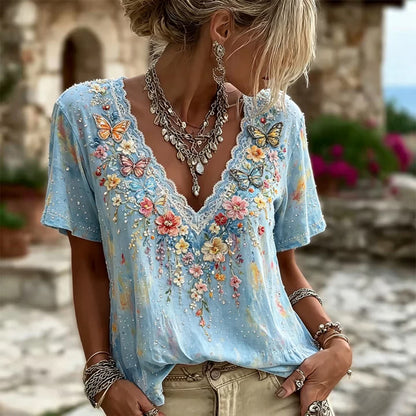 Cardydony Women's Colorful Floral And Butterfly Art Embroidered Linen Blend Lace V-neck Short Sleeve Top