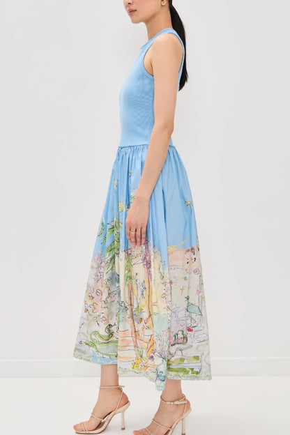 Cardydony Women's Ink Wash Print Round Neck Sleeveless Resort-style Midi Dress