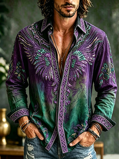 Cardydony Men's Spring Summer Viking Celtic Knot Wings Inspired Art Flowy Linen Blend Shirt