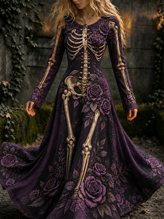 Cardydony Women's Retro Halloween Gothic Skeleton And Purple Rose Flowers Pattern Print Maxi Dress