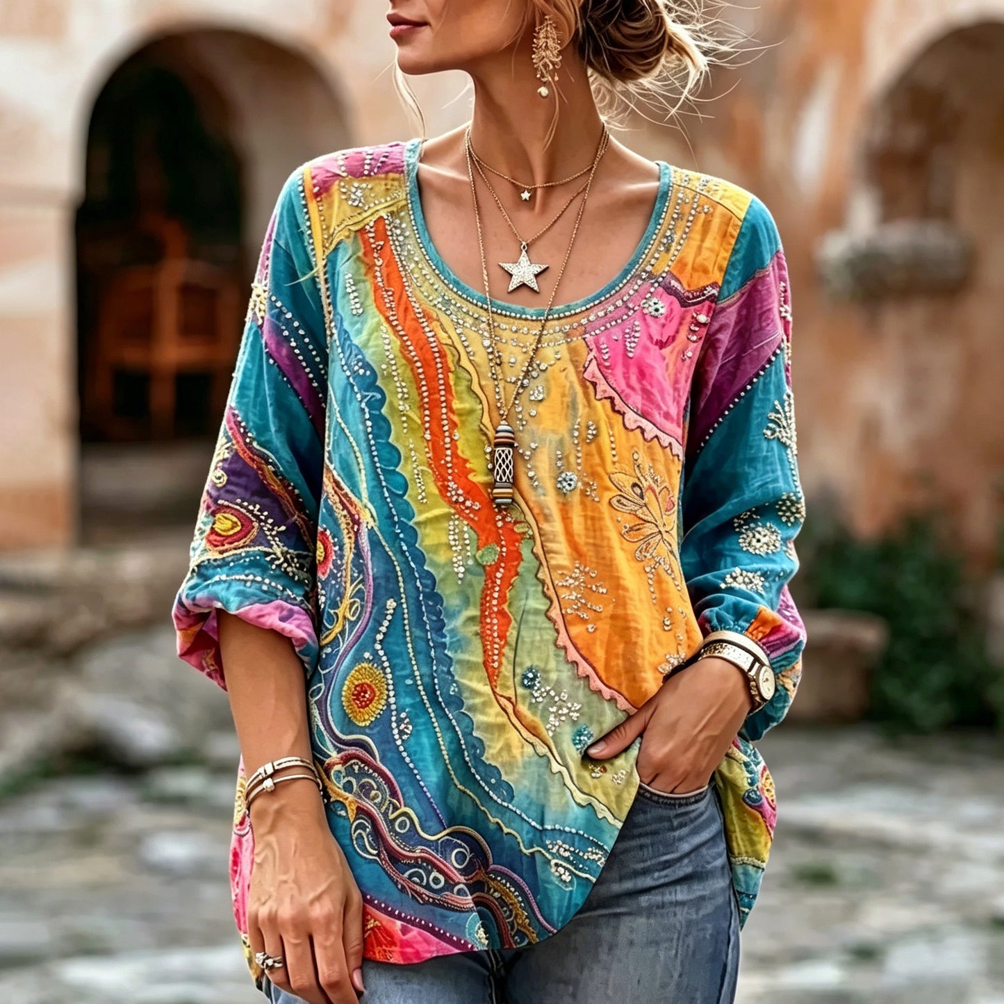 Cardydony Women's Hippie Art Diamond Print Casual T-shirt