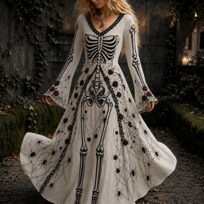 Cardydony Women's Vintage Halloween Gothic Skeleton Roses Art Print Long Sleeve Linen Maxi Dress