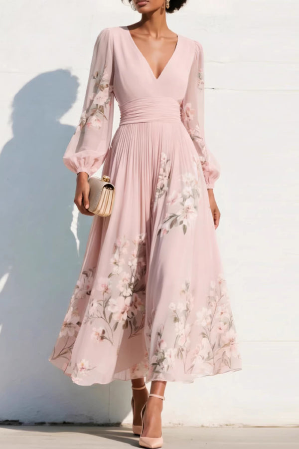 Cardydony Women's  Floral Print V-neck Long-sleeved Fitted Waist Casual Maxi Dress