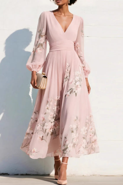 Cardydony Women's  Floral Print V-neck Long-sleeved Fitted Waist Casual Maxi Dress