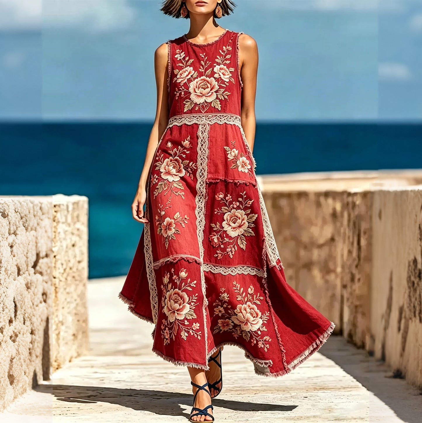 Cardydony Women's Lace Floral Patchwork Retro Cotton And Linen Vest Dress
