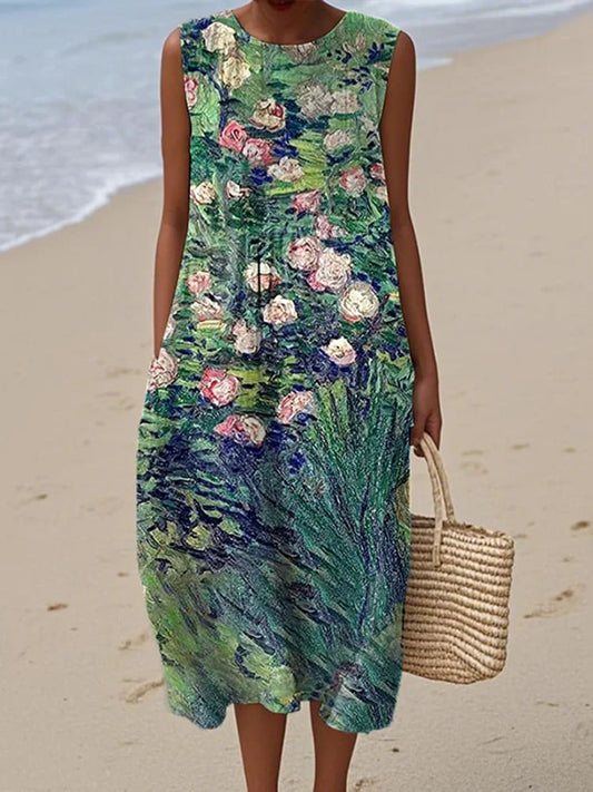 Cardydony Women's Retro Oil Floral Painting Casual Midi Dress