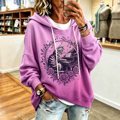 Cardydony Women's Casual Pullover Hoodie Featuring Cat Playing Piano With Roses And Music Notes