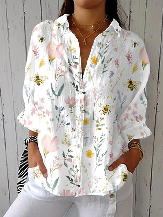 Comstylish Women's Vintage Bee Floral Art Print Casual Linen V-neck Shirt