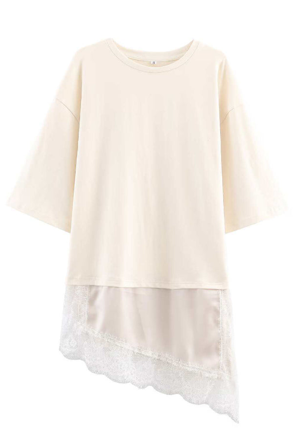 Cardydony Women's Stylish Round Neck Short-sleeved Patchwork Lace Hem Loose T-shirt