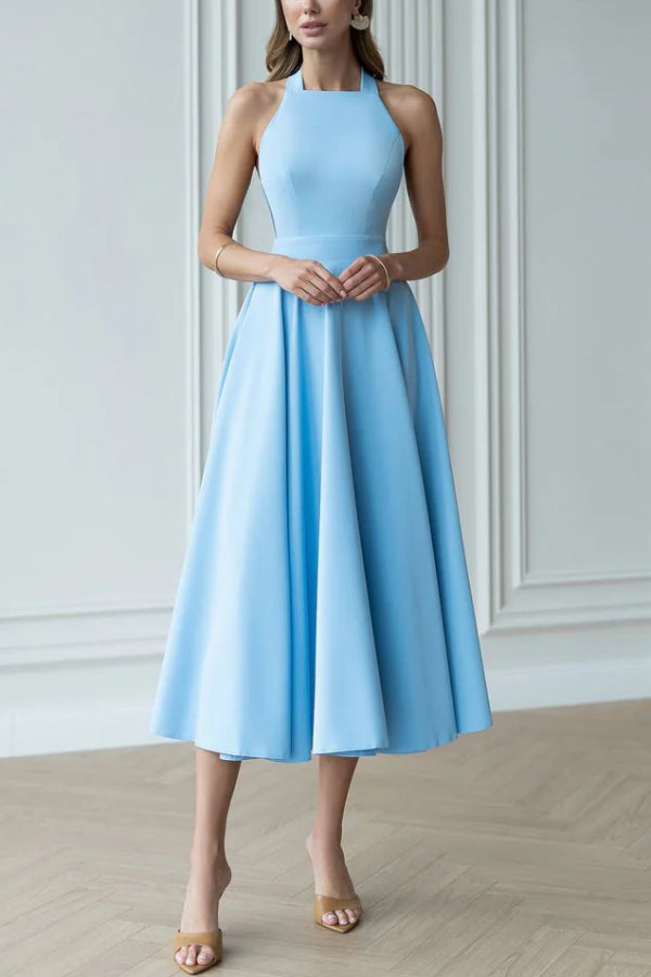 Cardydony Women's Solid Color Halter Neck Bow Tie Elegant Waist-cinching Midi Dress