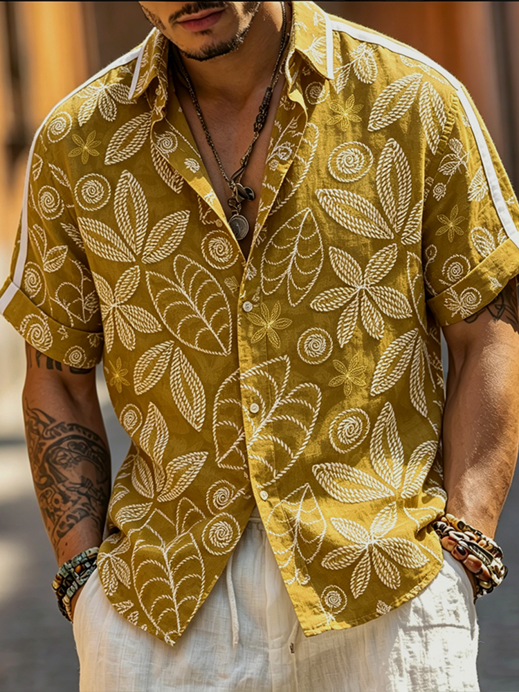 Cardydony Men's Retro Plant Flower Embroidery Pattern Design Casual Linen Shirt