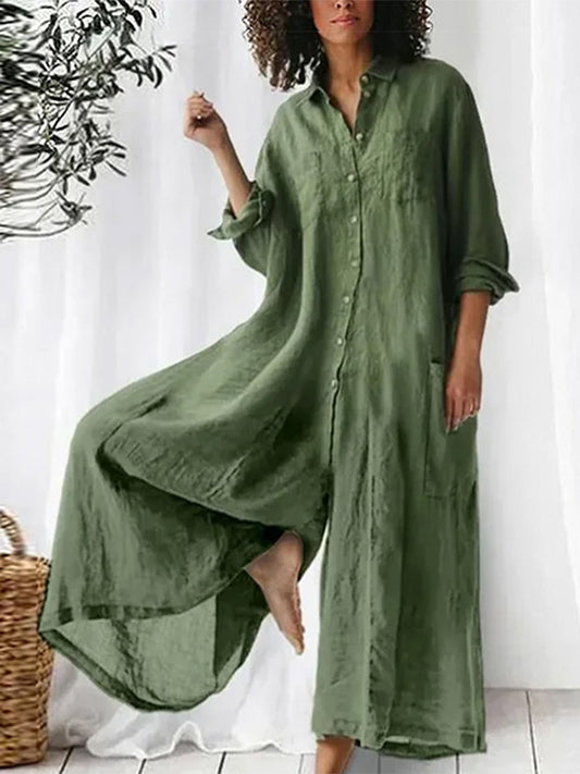 Cardydony Women Plain Cotton-blend Shawl Collar Long Sleeve Split Joint Casual Shirt Spring/fall Jumpsuit