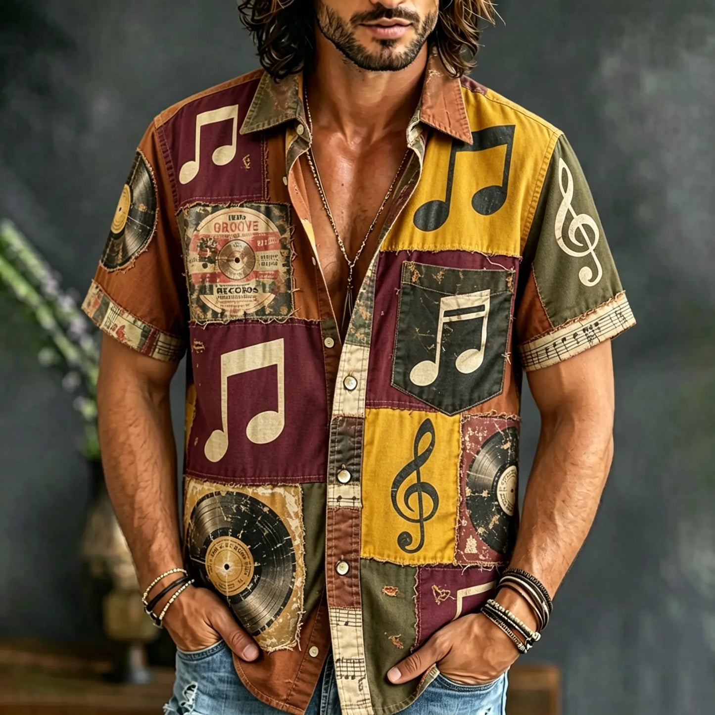 Cardydony Men's Hippie Music Patchwork Art Print Casual Shirt