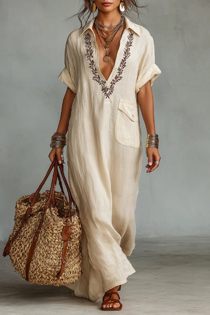 Cardydony Women's  Linen Blend Embroidered V-neck Pocket Casual Loose Maxi Dress