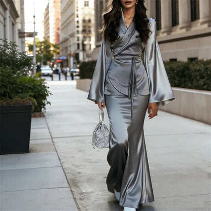 Cardydony Classy Flowy Wrap Kimono & Skirt Satin Set