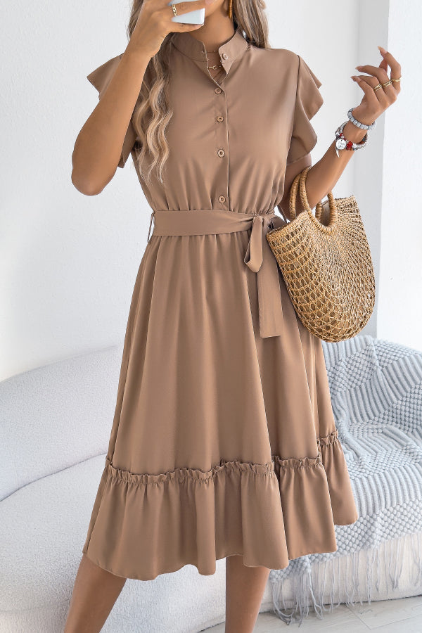 Cardydony Women's Solid Color Stand Collar Button Waist Tie Casual Midi Dress