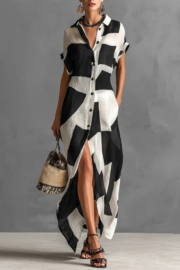 Cardydony Women's  Geometric Color-blocked Print Lapel Short-sleeved Button-down Casual Maxi Dress