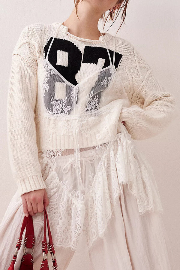 Cardydony Women's Fashionable Digital Jacquard Loose Long-sleeved Knit Sweater