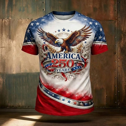 Cardydony Men's America 250 Years Text Bald Eagle Us Flag Print T Shirt