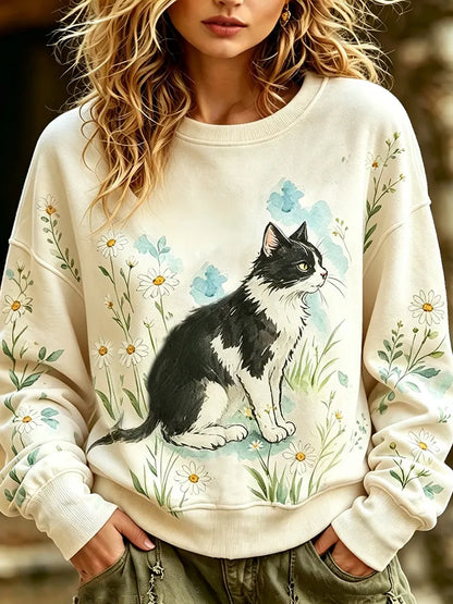 Cardydony Women's Casual Crewneck Sweatshirt With Black And White Cat And Watercolor Daisy Field Print