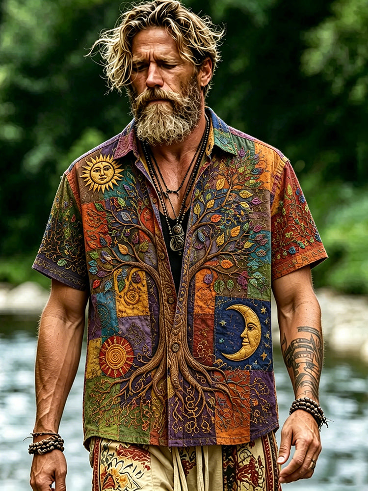 Cardydony Men's Vintage Hippie Patchwork Tree Of Life Sun Moon Art Print Short Sleeve Shirt