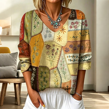 Cardydony Women's Vintage Floral Patchwork Art Print Flowy Linen Blend Three-quarter Sleeve V Neck Linen Tops