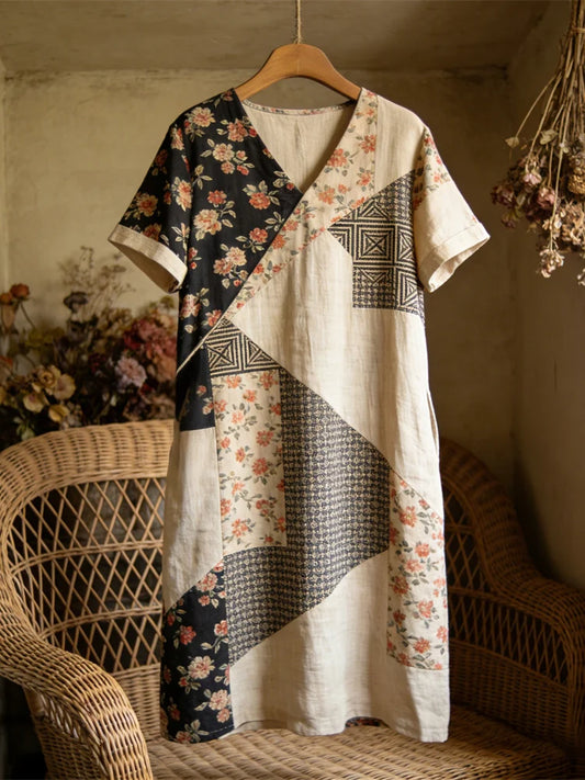 Cardydony Vintage Japanese Floral Geometric Patchwork Women's Linen Short Sleeve Maxi Dress