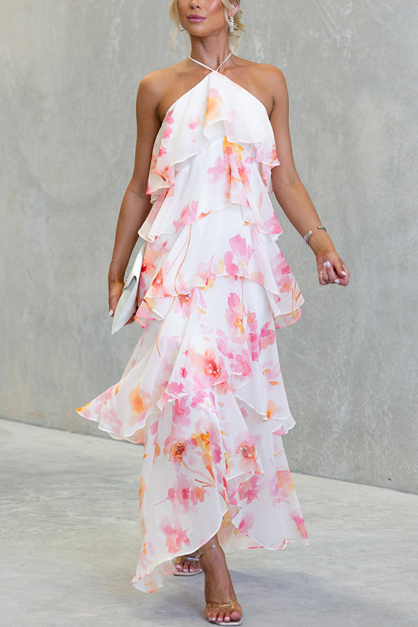 Cardydony Women's Poetic Eden Chiffon Floral Print Tiered Ruffles Halter A-line Maxi Dress