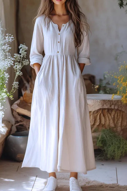 Cardydony Women's Linen Blend Crew Neck Long Sleeve Casual Pocket Holiday Maxi Dress