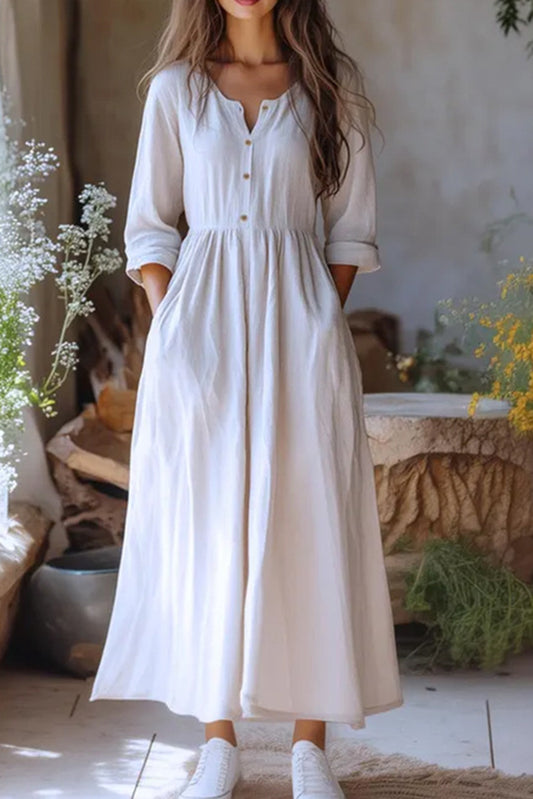 Cardydony Women's Linen Blend Crew Neck Long Sleeve Casual Pocket Holiday Maxi Dress