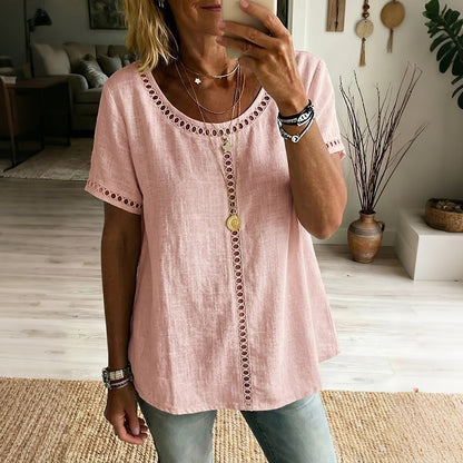 Cardydony Women's Vintage Hollow-out Design Cotton Linen Shirt