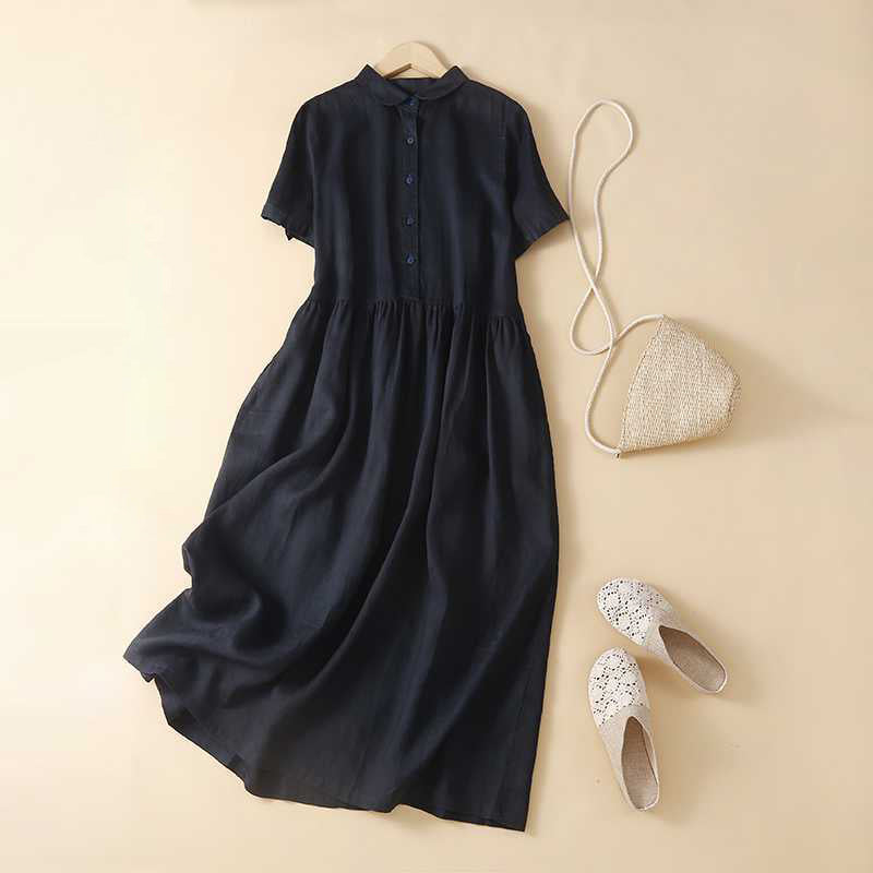 Cardydony Women's Solid Color Linen Blend Lapel Dress