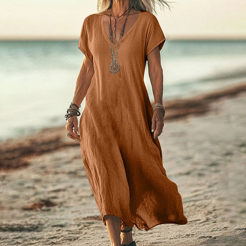 Cardydony Women's Solid Color V-neck Linen Blend Short Sleeve Dress