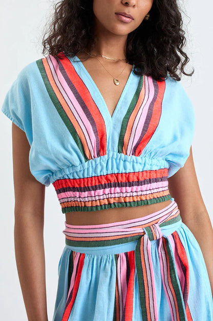 Cardydony Women's Stylish Striped Print V-neck Cropped Top and Elastic Waist Casual Maxi Skirt Set