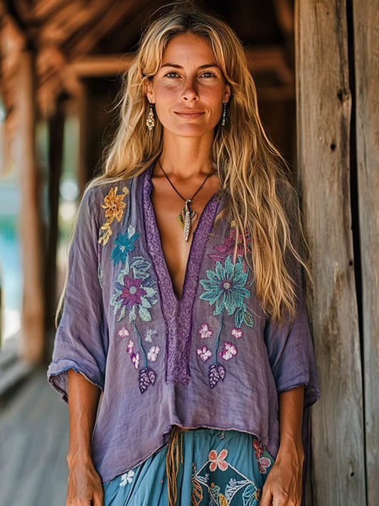 Cardydony Retro Boho Floral Tribal Embroidery Print Cotton And Linen Blend Loose Blouse