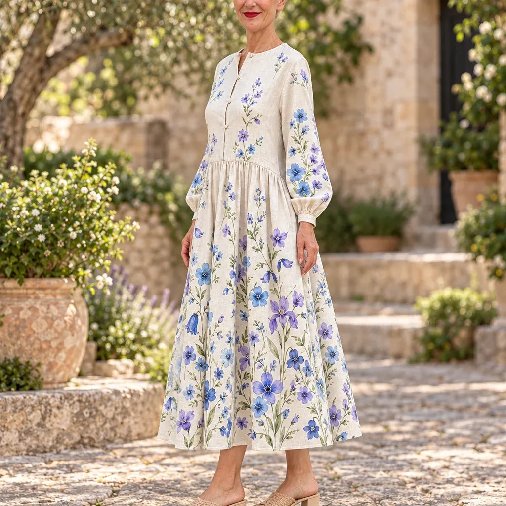 Cardydony Women's Bohemian Blue Purple Wildflower Print Loose Fit Button Detail Long Sleeve Midi Dress