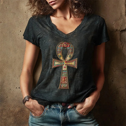Cardydony Egyptian Ankh Vintage Embroidered Women's V-neck T-shirt