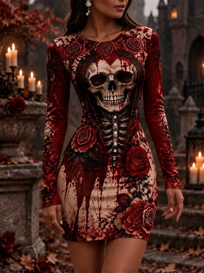 Cardydony Women's Halloween Skeleton Skull Rose Blood Stain Print Bodycon Long Sleeve Mini Dress