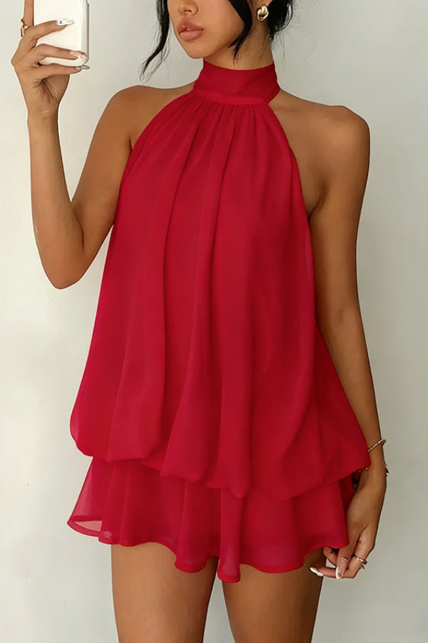 Cardydony Women's  Fashionable Chiffon Halter Neck Backless Lace-up Casual Vacation Mini Dress