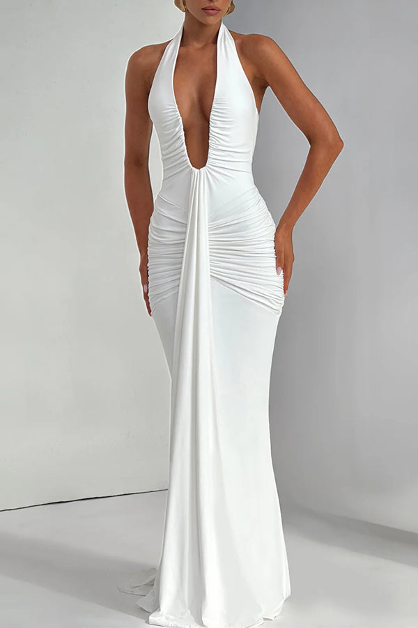 Cardydony Women's Solid Color Elegant Halterneck V-neck Open Back Tie Gathered Maxi Dress