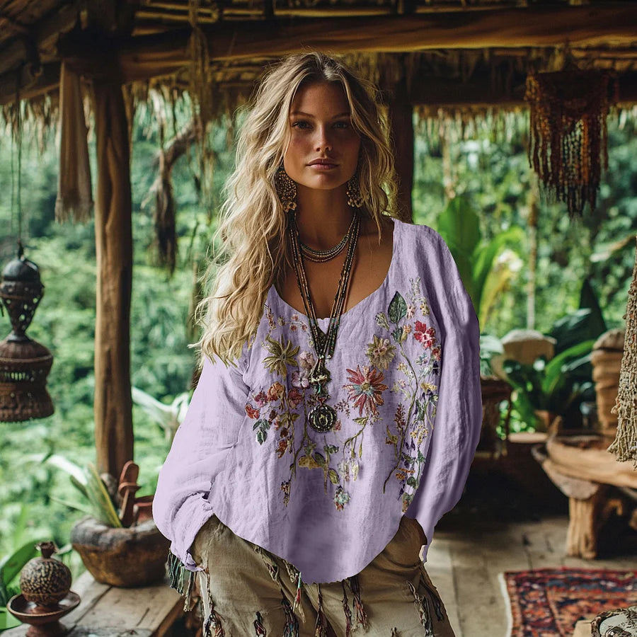 Cardydony Retro Bohemian Floral Embroidery Art Graphics Cotton And Linen Blend Loose Blouse