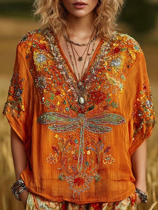 Cardydony Women's Bohemian-style Floral And Dragonfly Print V-neck Short-sleeved Top
