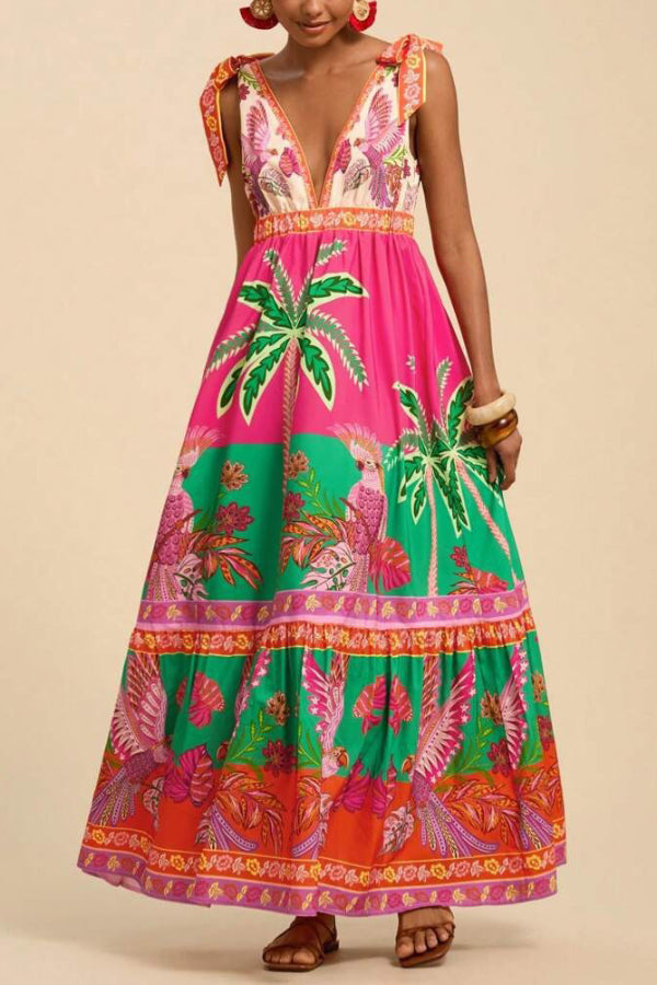 Cardydony Women's  Tropical Rainforest Print Loose V-neck Casual Vacation Maxi Dress