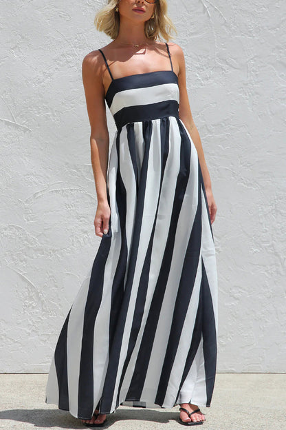 Cardydony Women's Color-blocked Striped Print Square Neck Suspender Casual Pocket Maxi Dress