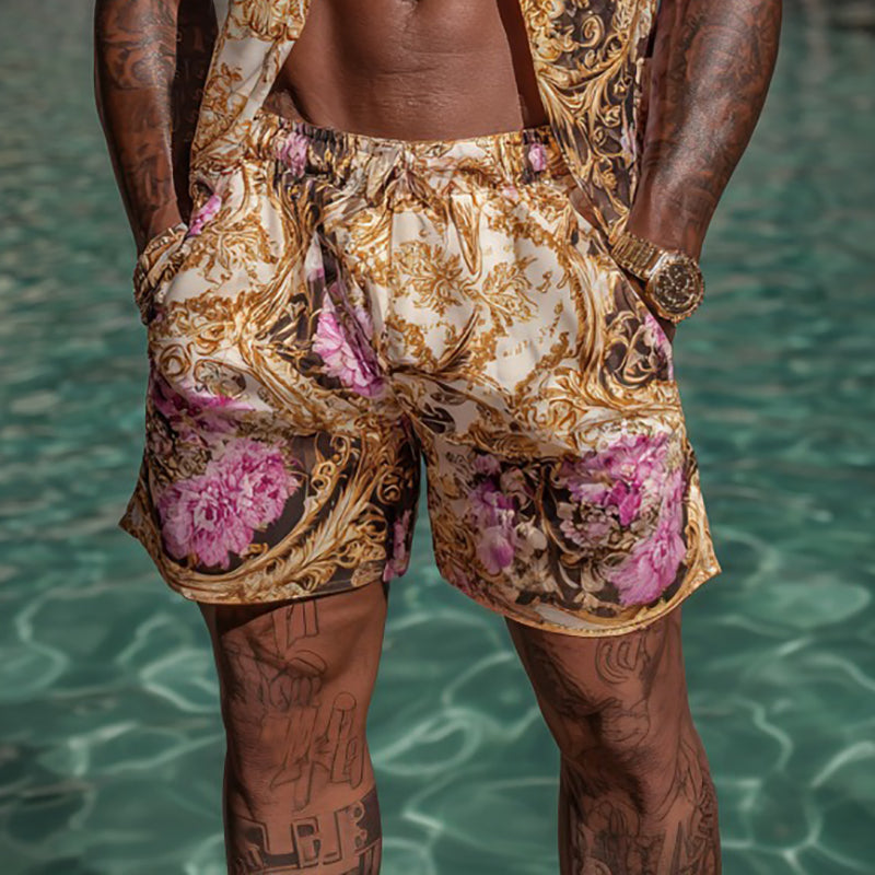 Cardydony Men's Fashion Baroque Floral Pattern Cuban Shirt And Shorts Two-piece Set