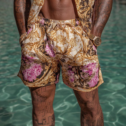 Cardydony Men's Fashion Baroque Floral Pattern Cuban Shirt And Shorts Two-piece Set