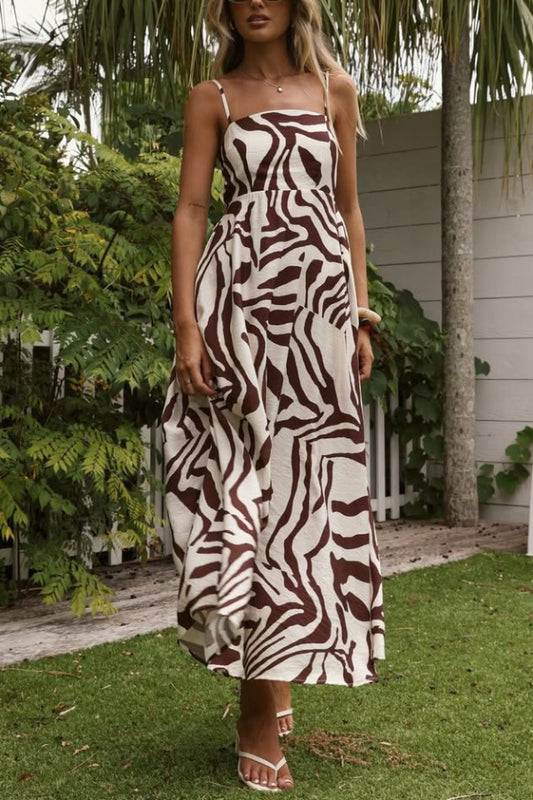 Cardydony Women's  Zebra Print Sleeveless Spaghetti Strap High-waisted Vacation Maxi Dress