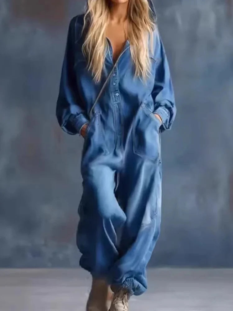 Cardydony Women's Solid Color Denim Pocket Comfortable Jumpsuit